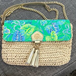 Lilly Pulitzer Tan and Green Woven Crossbody Bag with Gold Accents